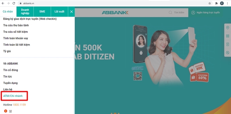 Chọn mục ATM/Chi nhánh để tra cứu điểm giao dịch ABBank